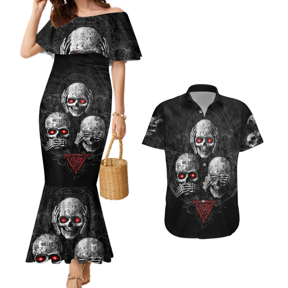 Skull Couples Matching Mermaid Dress And Hawaiian Shirt No See No Hear No Speak Evil - Wonder Print Shop