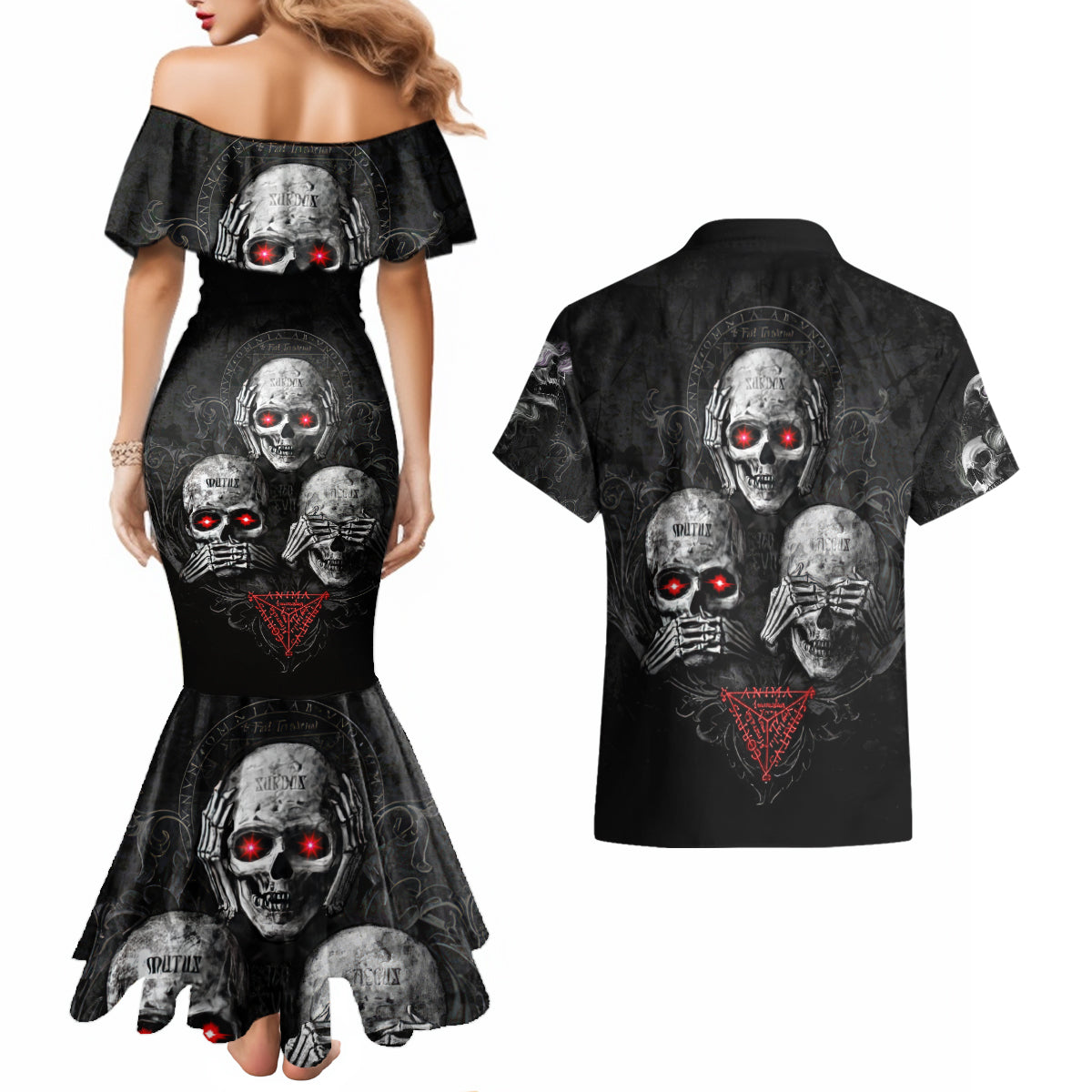 Skull Couples Matching Mermaid Dress And Hawaiian Shirt No See No Hear No Speak Evil - Wonder Print Shop