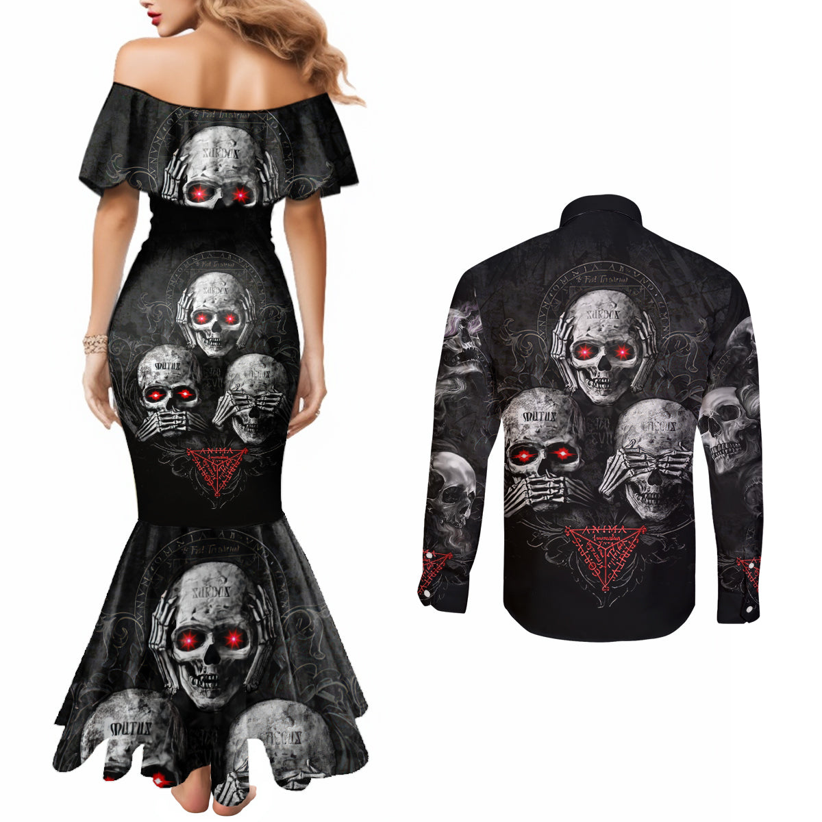Skull Couples Matching Mermaid Dress and Long Sleeve Button Shirts No See No Hear No Speak Evil DT01