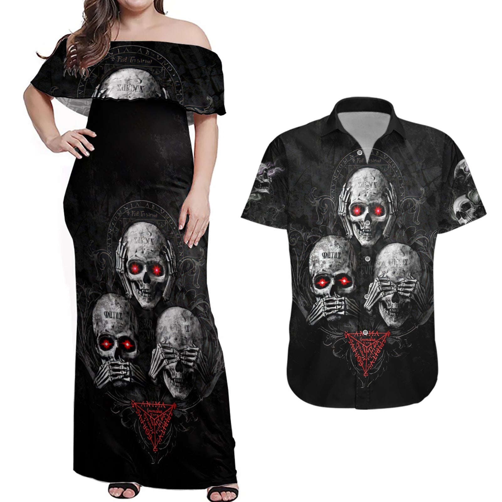 Skull Couples Matching Off Shoulder Maxi Dress and Hawaiian Shirt No See No Hear No Speak Evil - Wonder Print Shop