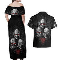 Skull Couples Matching Off Shoulder Maxi Dress and Hawaiian Shirt No See No Hear No Speak Evil - Wonder Print Shop