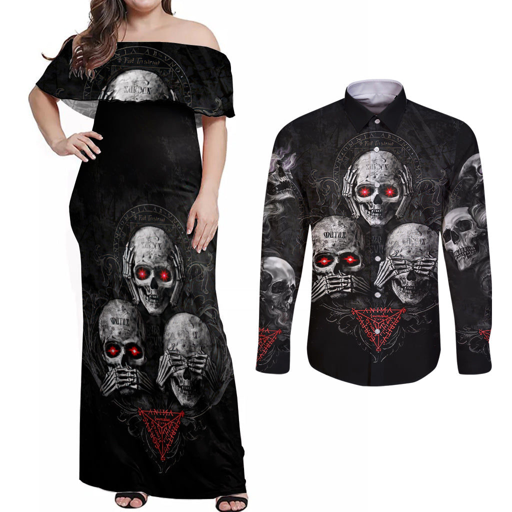 Skull Couples Matching Off Shoulder Maxi Dress and Long Sleeve Button Shirts No See No Hear No Speak Evil - Wonder Print Shop