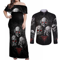 Skull Couples Matching Off Shoulder Maxi Dress and Long Sleeve Button Shirts No See No Hear No Speak Evil - Wonder Print Shop