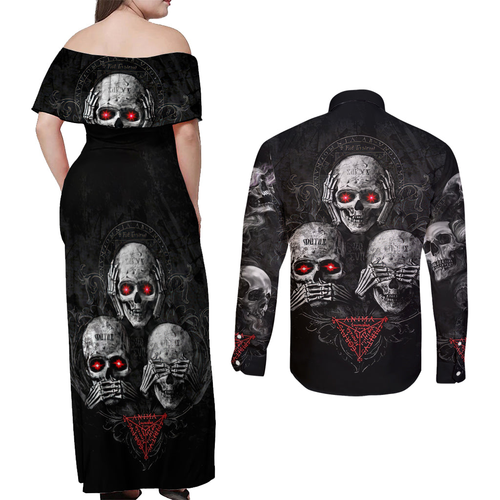 Skull Couples Matching Off Shoulder Maxi Dress and Long Sleeve Button Shirts No See No Hear No Speak Evil - Wonder Print Shop