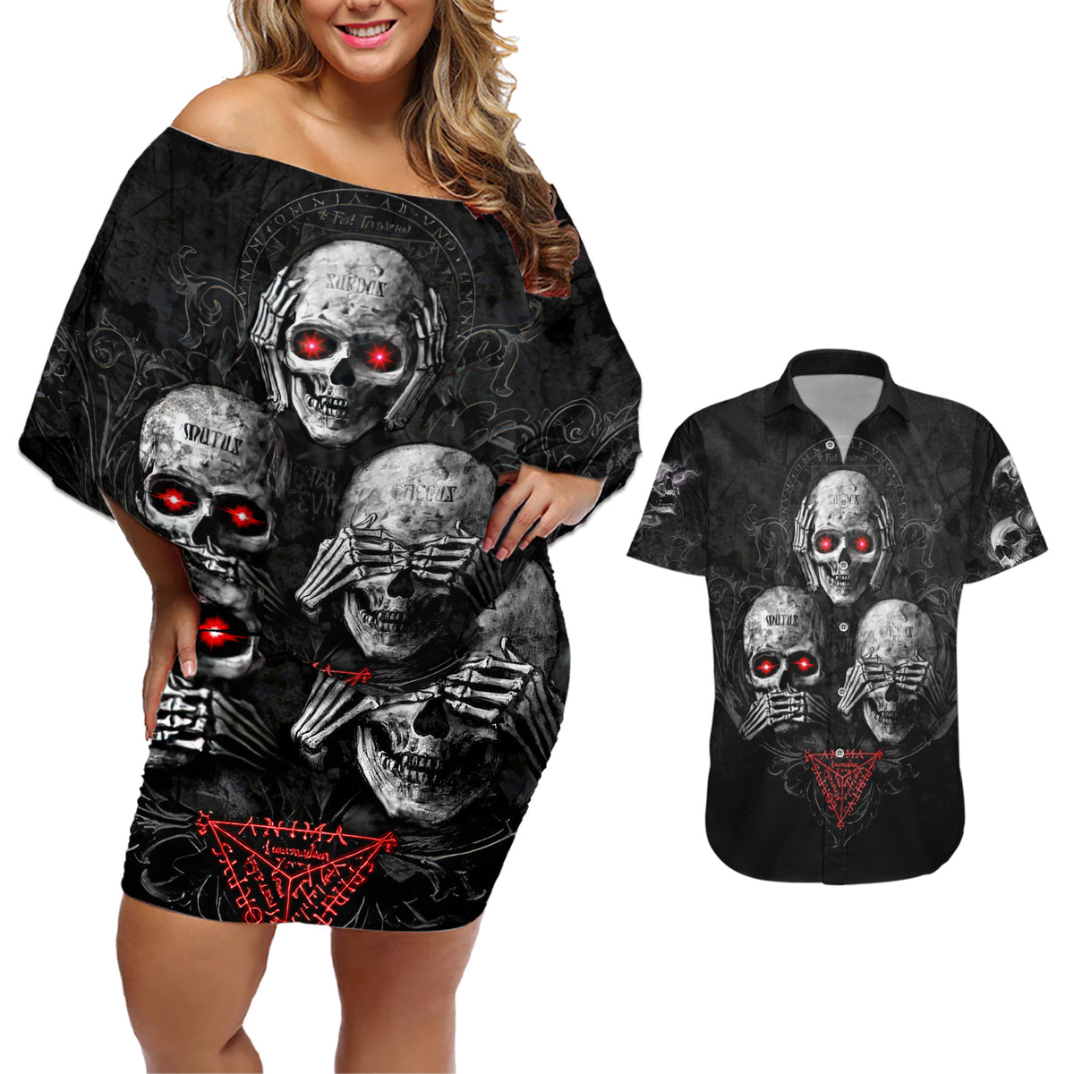 Skull Couples Matching Off Shoulder Short Dress and Hawaiian Shirt No See No Hear No Speak Evil - Wonder Print Shop