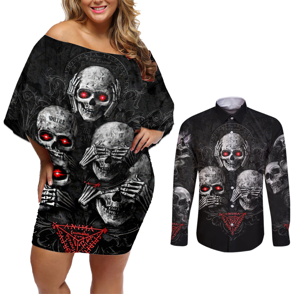 Skull Couples Matching Off Shoulder Short Dress and Long Sleeve Button Shirts No See No Hear No Speak Evil - Wonder Print Shop