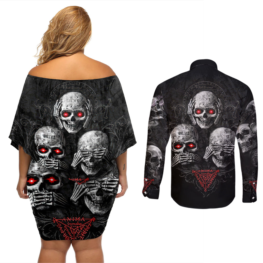 Skull Couples Matching Off Shoulder Short Dress and Long Sleeve Button Shirts No See No Hear No Speak Evil - Wonder Print Shop