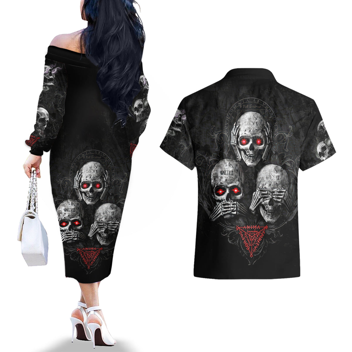 Skull Couples Matching Off The Shoulder Long Sleeve Dress and Hawaiian Shirt No See No Hear No Speak Evil - Wonder Print Shop