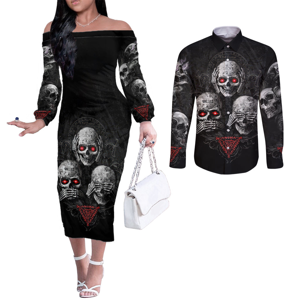 Skull Couples Matching Off The Shoulder Long Sleeve Dress and Long Sleeve Button Shirts No See No Hear No Speak Evil DT01