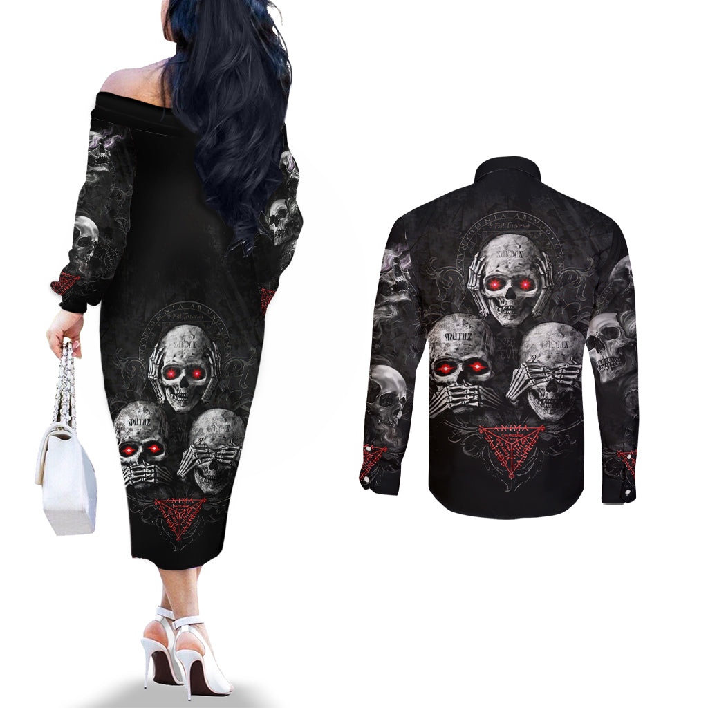 Skull Couples Matching Off The Shoulder Long Sleeve Dress and Long Sleeve Button Shirts No See No Hear No Speak Evil DT01