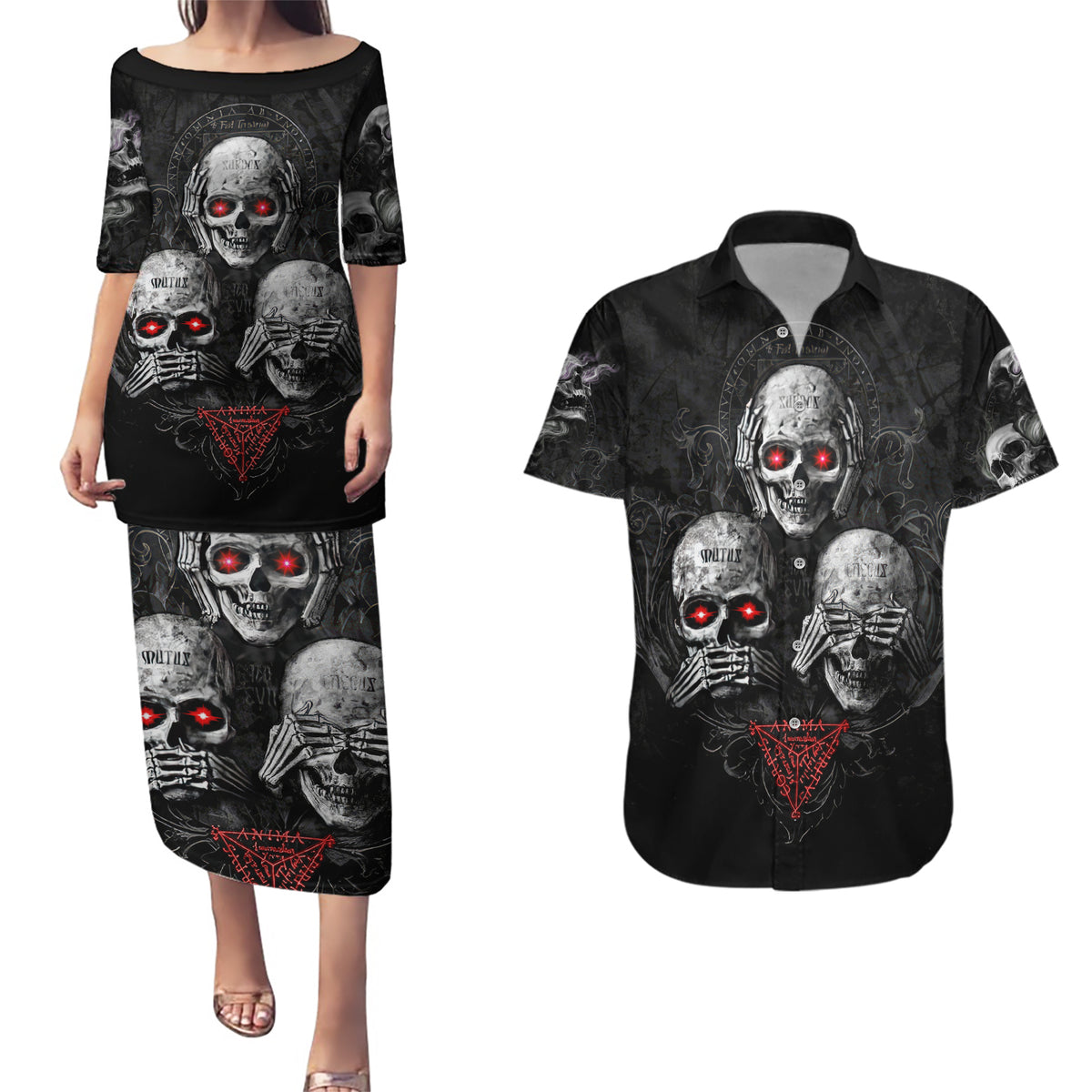 Skull Couples Matching Puletasi Dress and Hawaiian Shirt No See No Hear No Speak Evil - Wonder Print Shop
