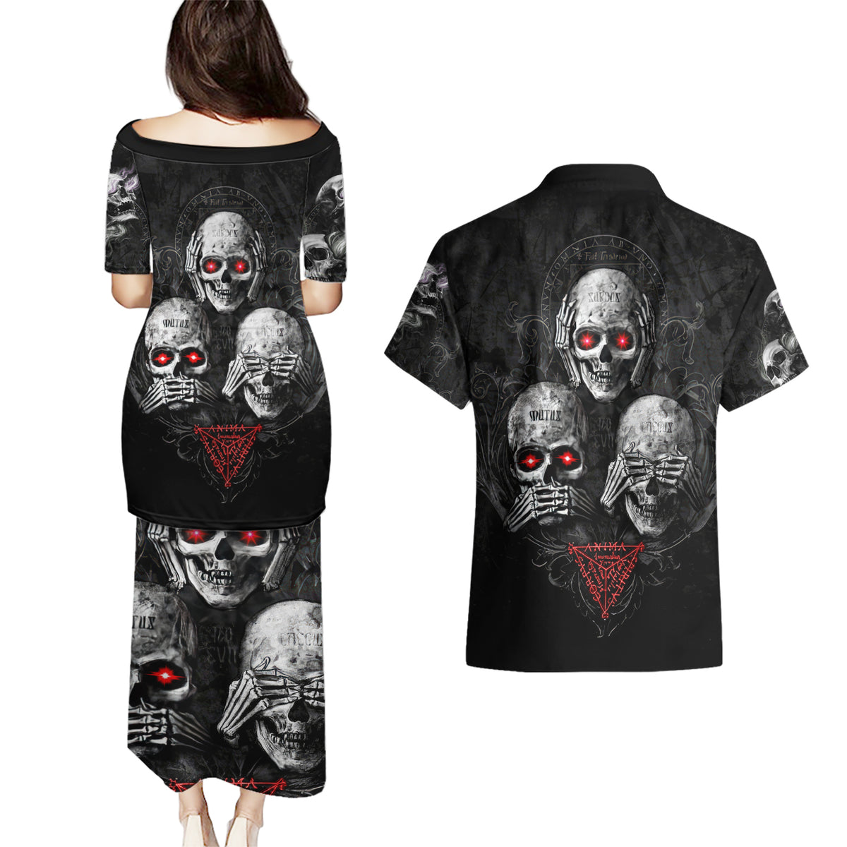 Skull Couples Matching Puletasi Dress and Hawaiian Shirt No See No Hear No Speak Evil - Wonder Print Shop