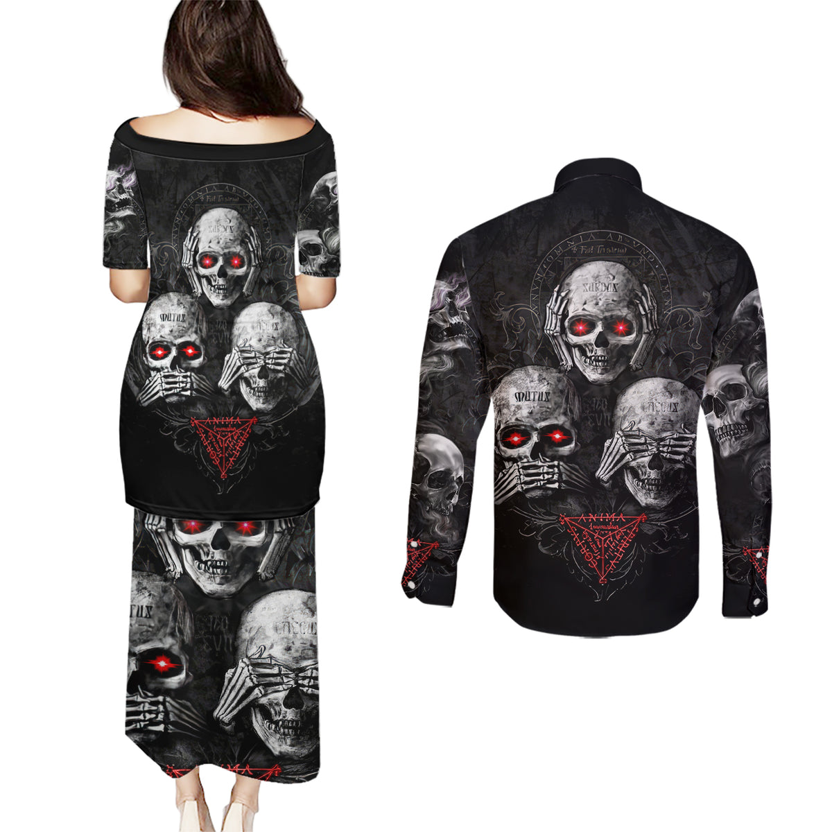Skull Couples Matching Puletasi Dress and Long Sleeve Button Shirts No See No Hear No Speak Evil - Wonder Print Shop