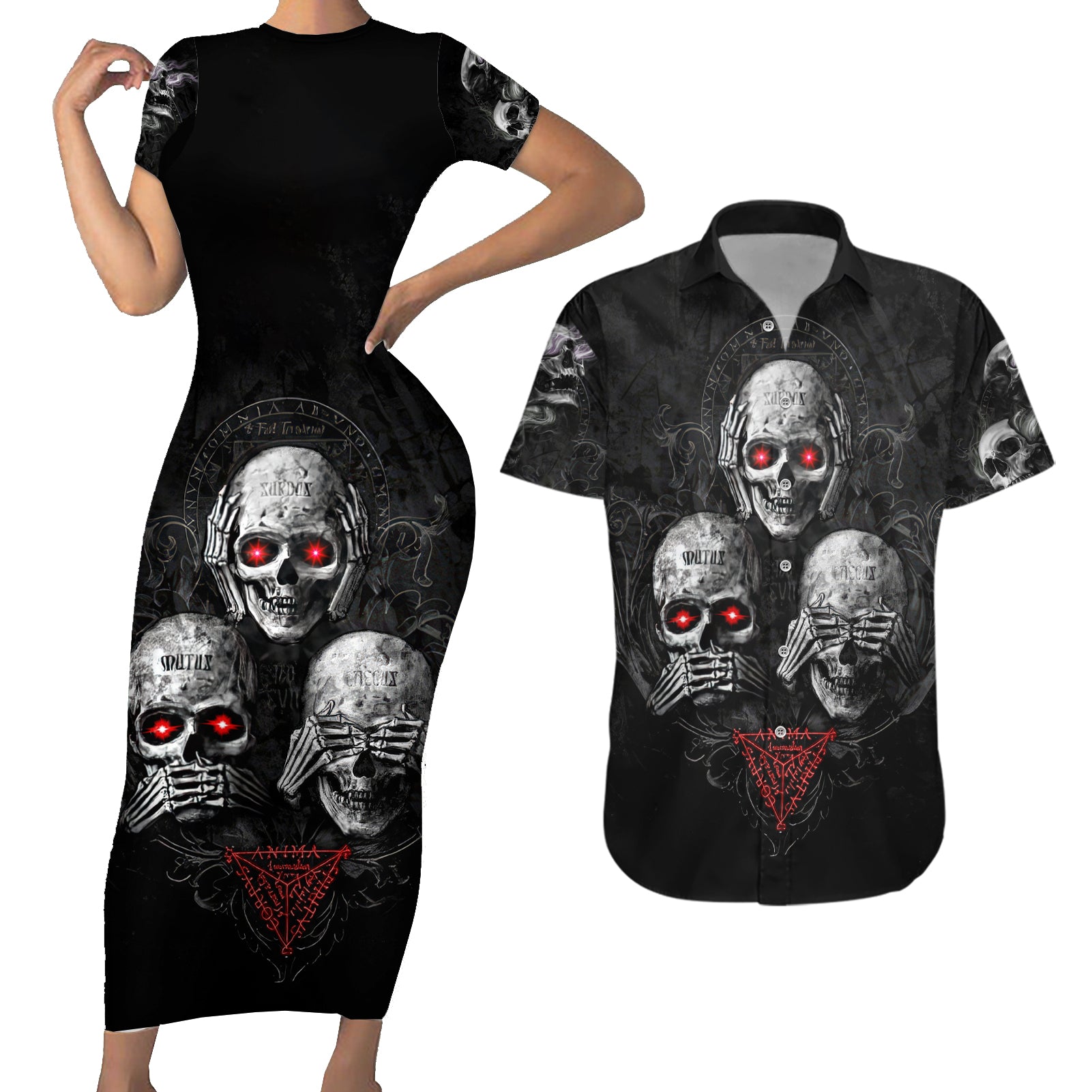 Skull Couples Matching Short Sleeve Bodycon Dress and Hawaiian Shirt No See No Hear No Speak Evil - Wonder Print Shop