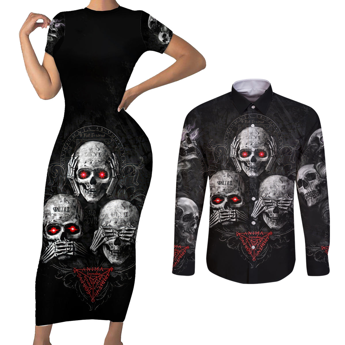 Skull Couples Matching Short Sleeve Bodycon Dress and Long Sleeve Button Shirts No See No Hear No Speak Evil - Wonder Print Shop