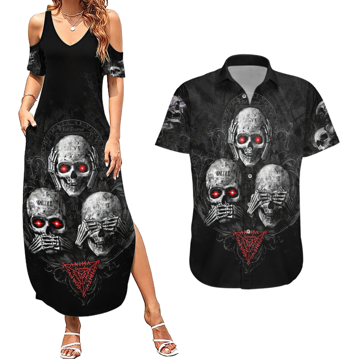 Skull Couples Matching Summer Maxi Dress and Hawaiian Shirt No See No Hear No Speak Evil - Wonder Print Shop