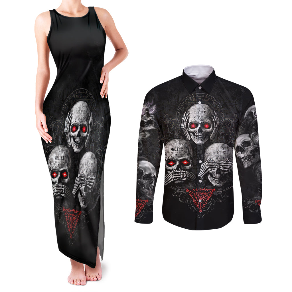 Skull Couples Matching Tank Maxi Dress and Long Sleeve Button Shirts No See No Hear No Speak Evil - Wonder Print Shop