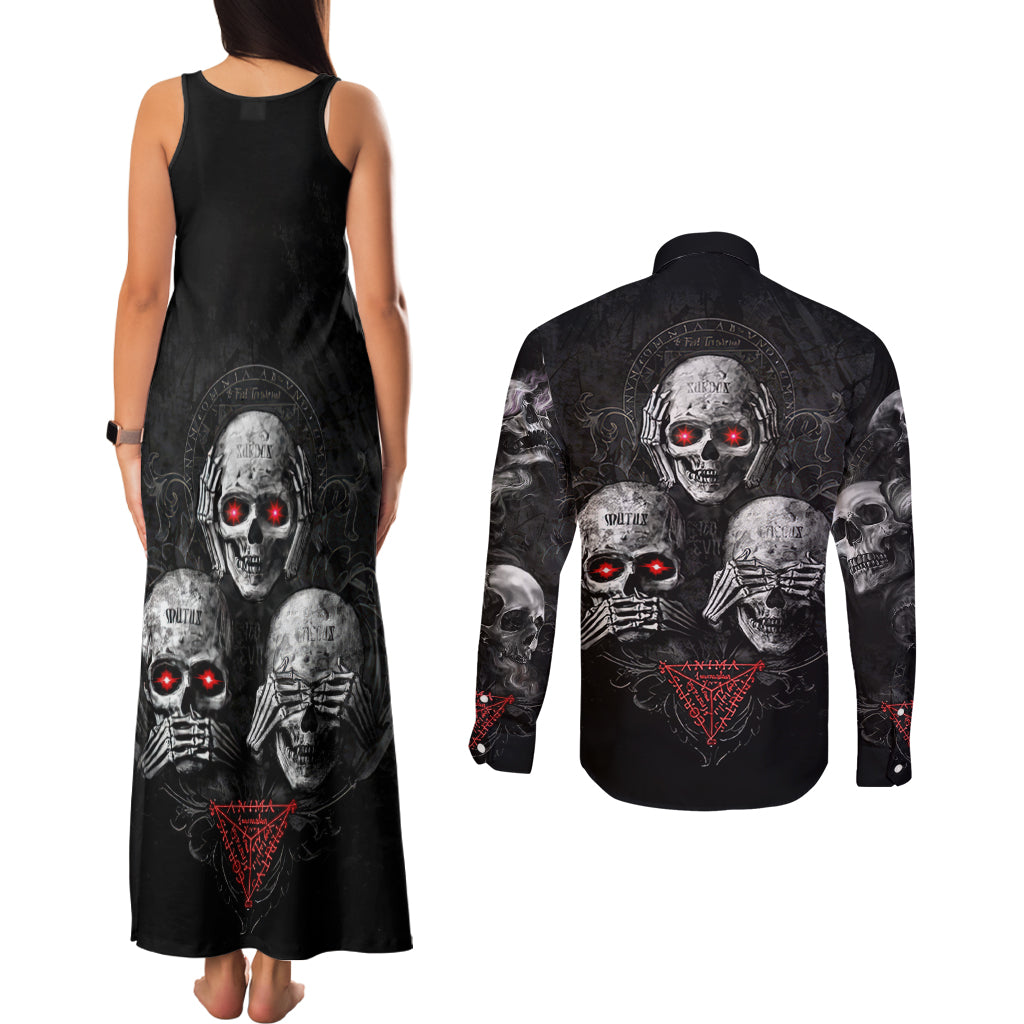 Skull Couples Matching Tank Maxi Dress and Long Sleeve Button Shirts No See No Hear No Speak Evil - Wonder Print Shop