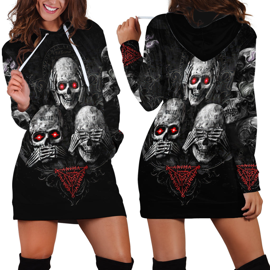 Skull Hoodie Dress No See No Hear No Speak Evil - Wonder Print Shop