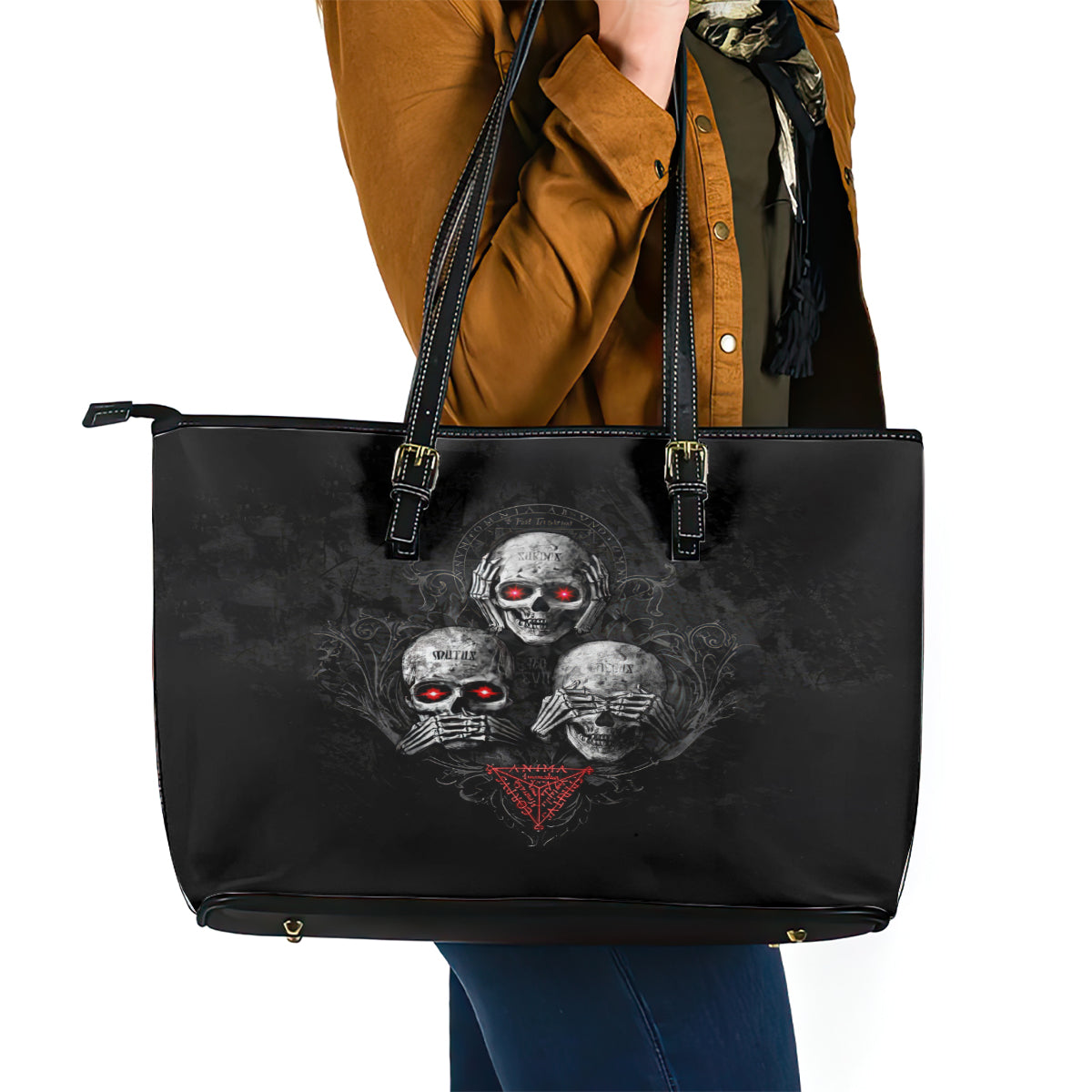 Skull Leather Tote Bag No See No Hear No Speak Evil - Wonder Print Shop