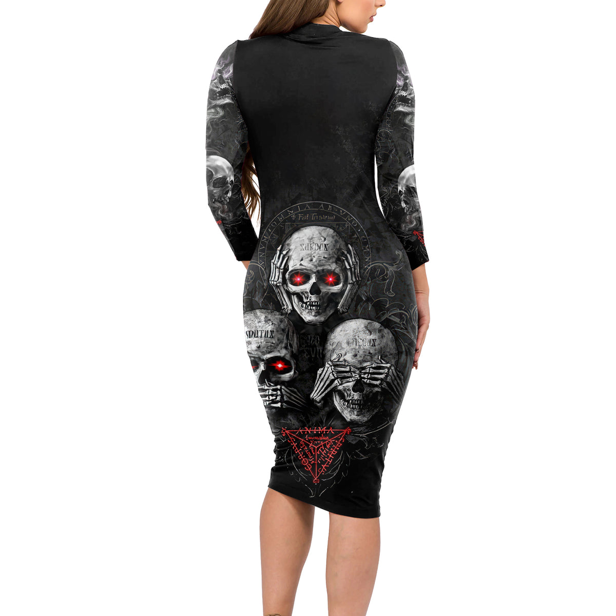 Skull Long Sleeve Bodycon Dress No See No Hear No Speak Evil - Wonder Print Shop