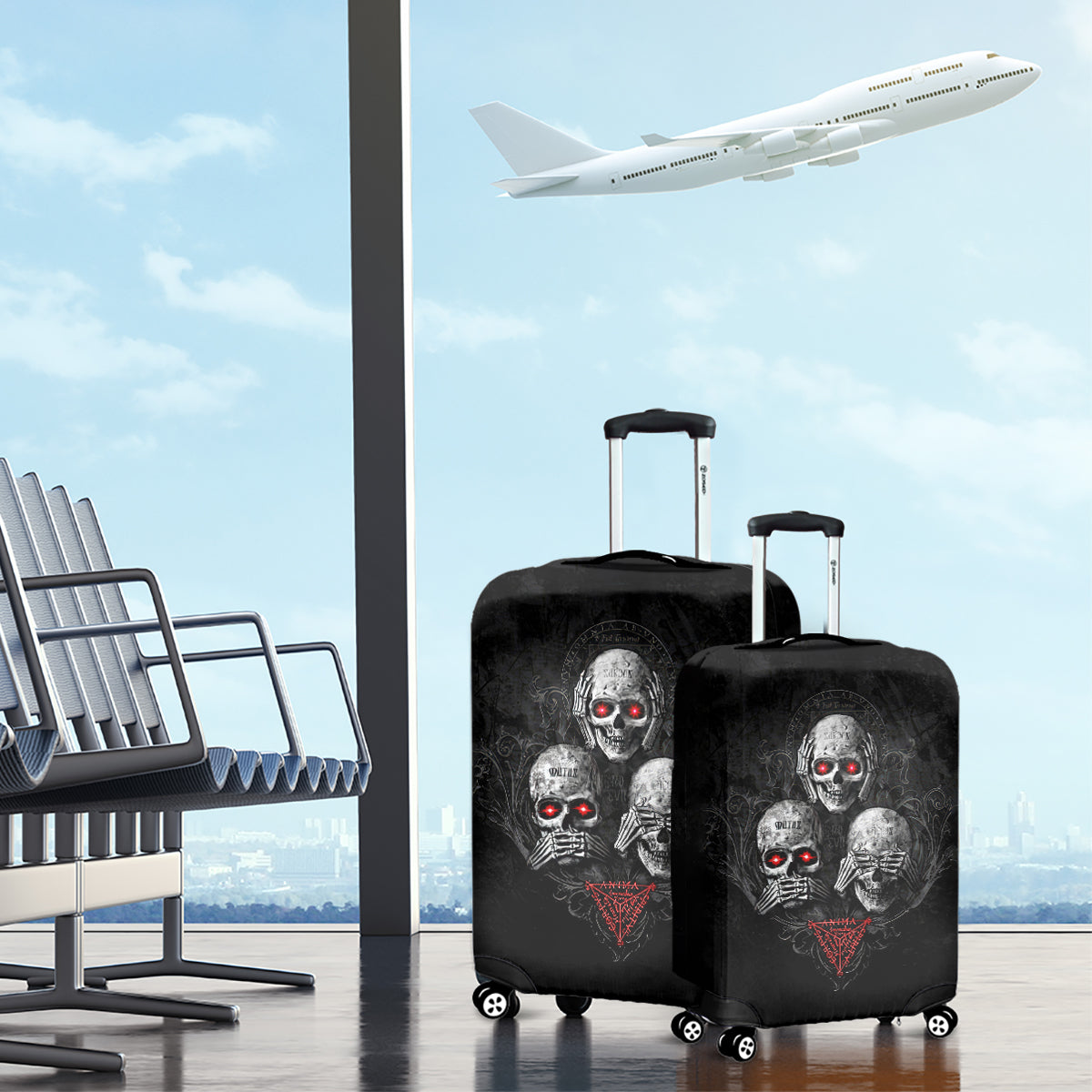 Skull Luggage Cover No See No Hear No Speak Evil - Wonder Print Shop
