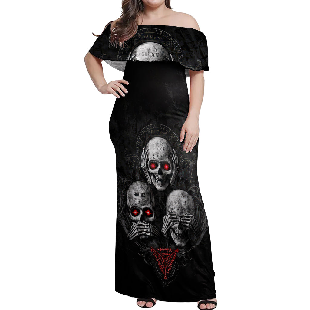 Skull Off Shoulder Maxi Dress No See No Hear No Speak Evil - Wonder Print Shop