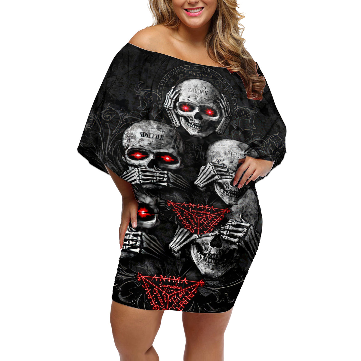 Skull Off Shoulder Short Dress No See No Hear No Speak Evil - Wonder Print Shop