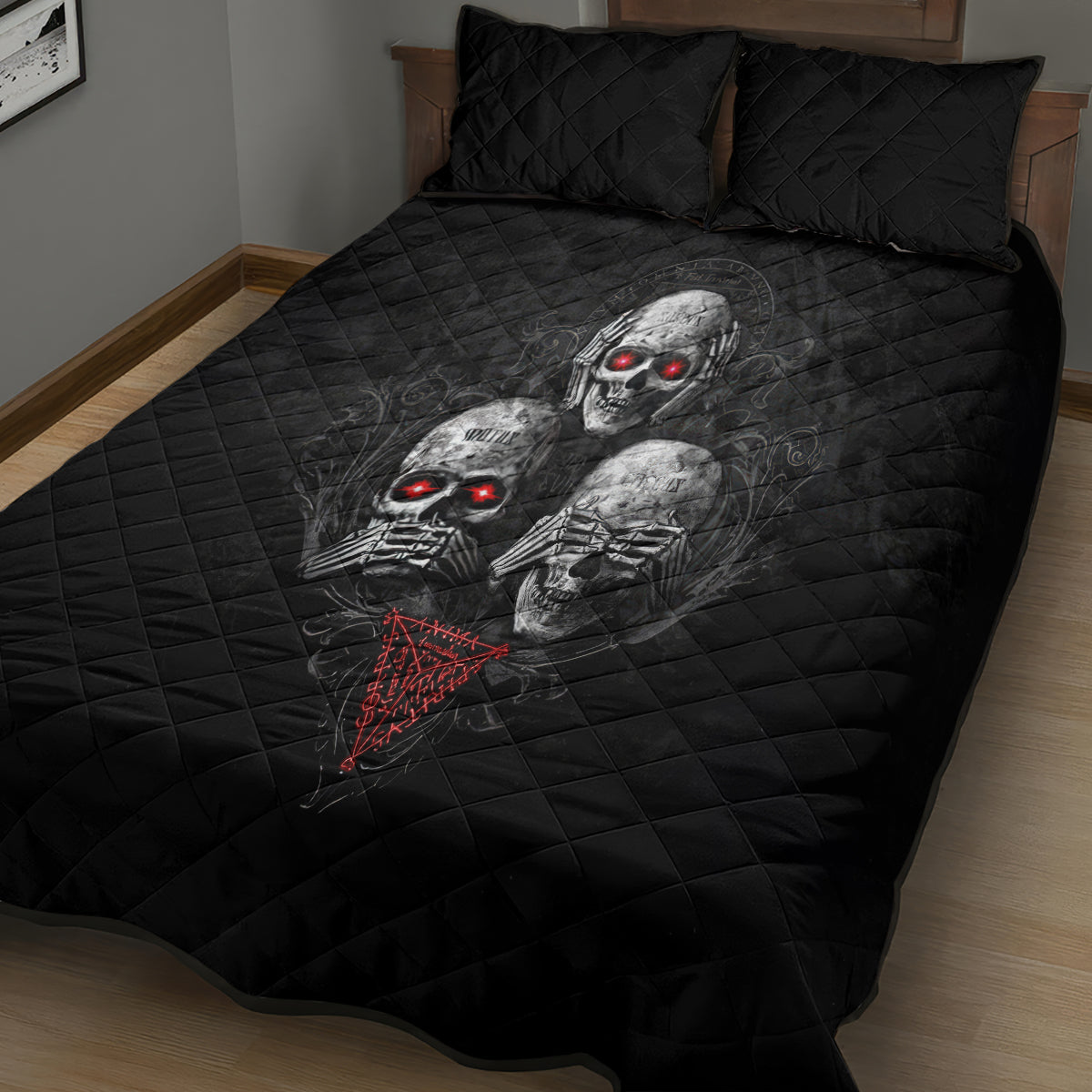 Skull Quilt Bed Set No See No Hear No Speak Evil - Wonder Print Shop