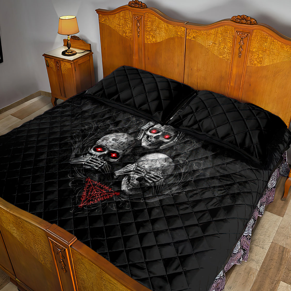 Skull Quilt Bed Set No See No Hear No Speak Evil - Wonder Print Shop