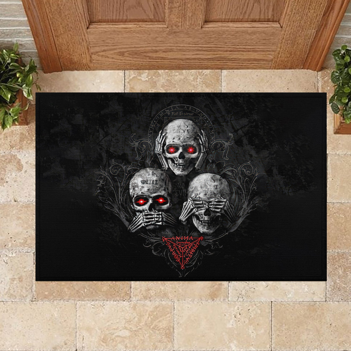 Skull Rubber Doormat No See No Hear No Speak Evil - Wonder Print Shop