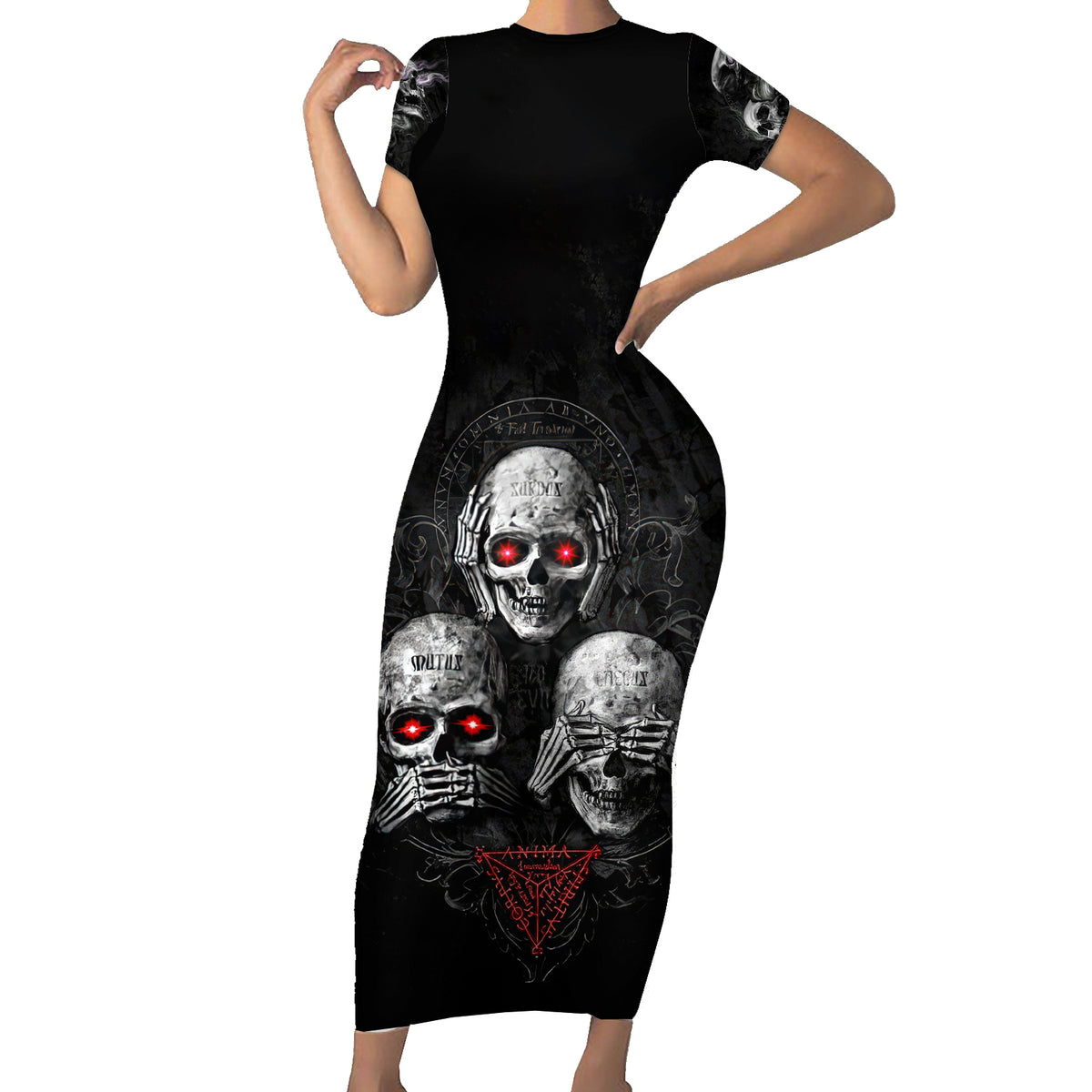 Skull Short Sleeve Bodycon Dress No See No Hear No Speak Evil - Wonder Print Shop