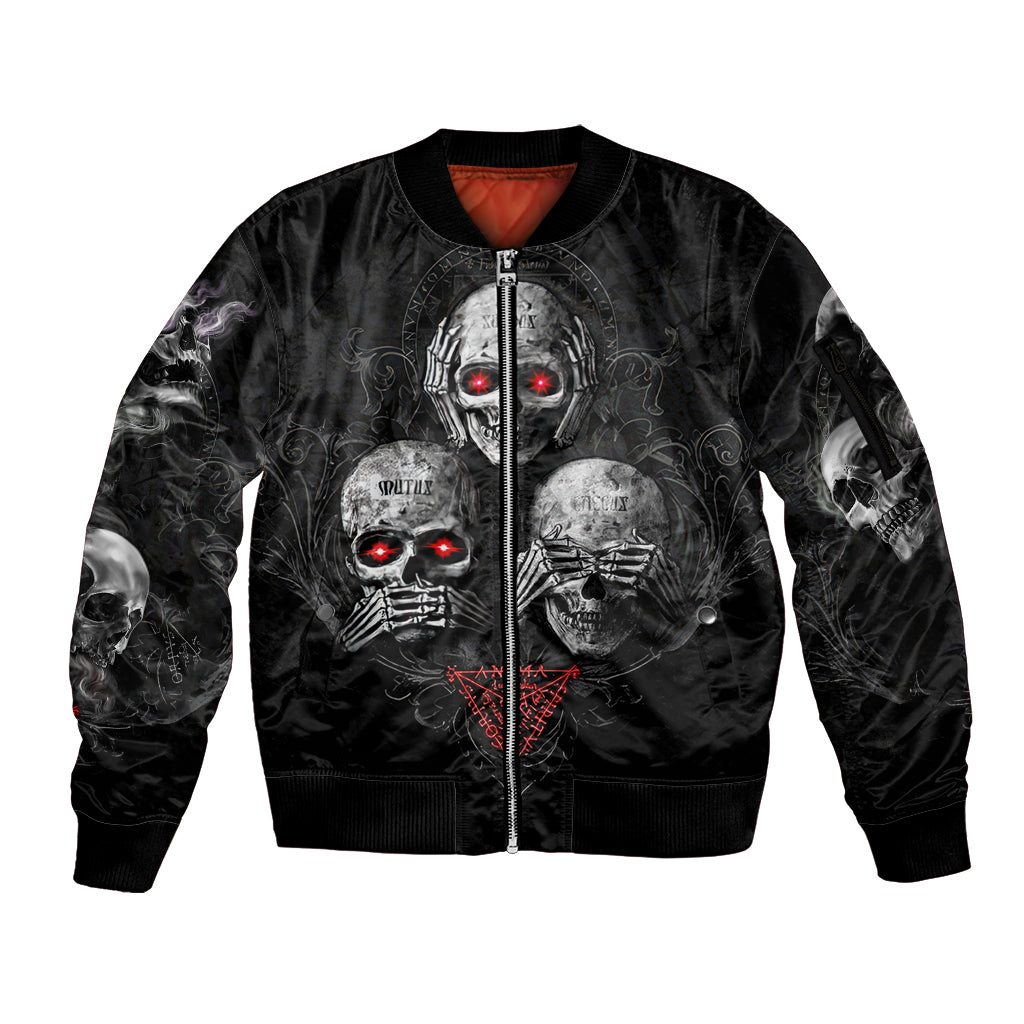 Skull Sleeve Zip Bomber Jacket No See No Hear No Speak Evil - Wonder Print Shop