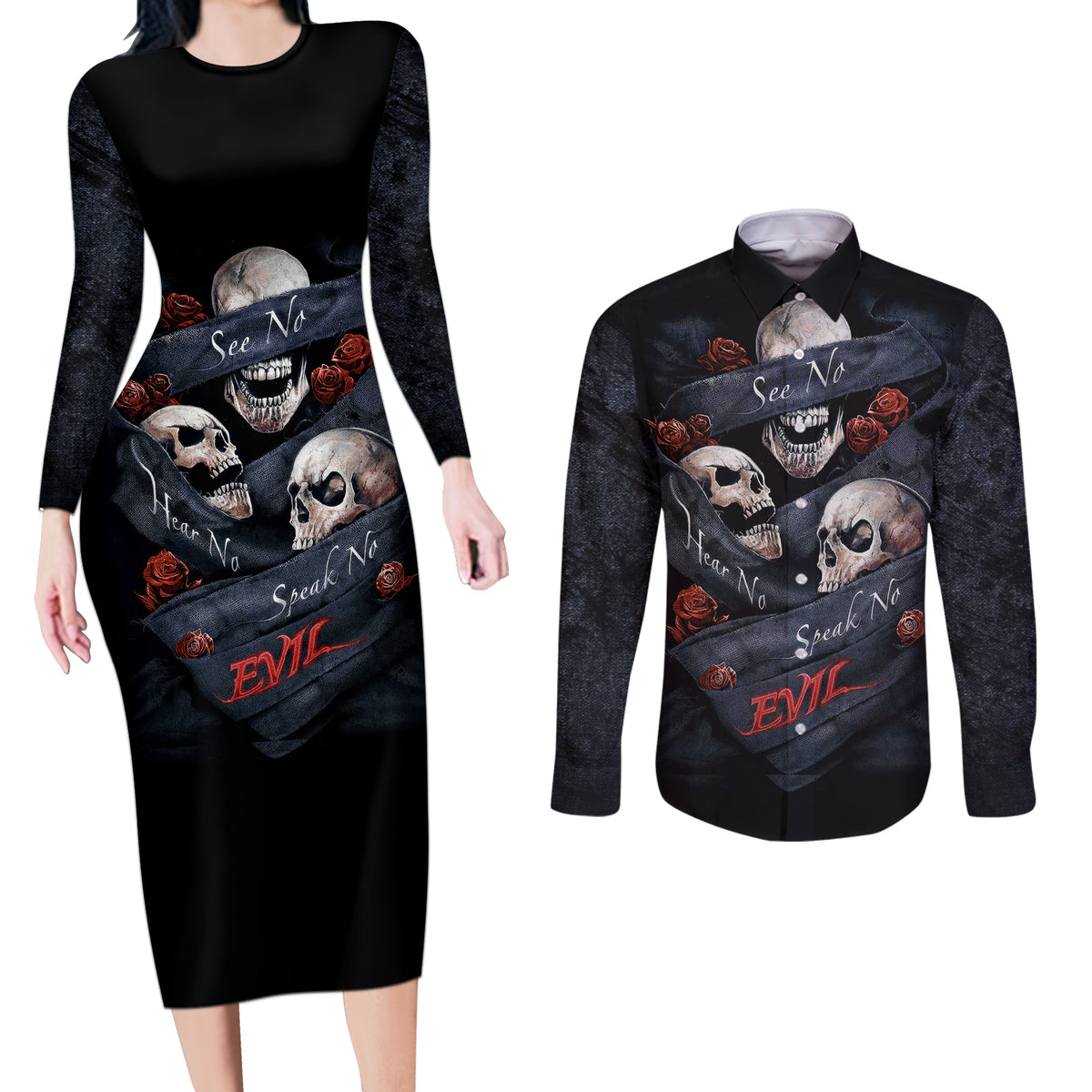 Skull Couples Matching Long Sleeve Bodycon Dress and Long Sleeve Button Shirts No See Evil Red Rose Jean - Wonder Print Shop