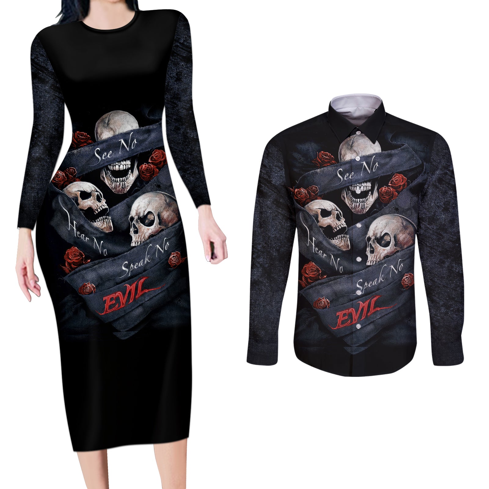 Skull Couples Matching Long Sleeve Bodycon Dress and Long Sleeve Button Shirts No See Evil Red Rose Jean - Wonder Print Shop