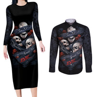 Skull Couples Matching Long Sleeve Bodycon Dress and Long Sleeve Button Shirts No See Evil Red Rose Jean - Wonder Print Shop