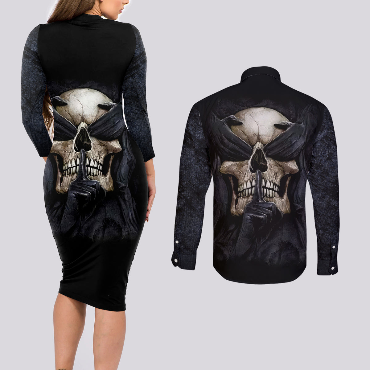 Skull Couples Matching Long Sleeve Bodycon Dress and Long Sleeve Button Shirts No See Evil Red Rose Jean - Wonder Print Shop