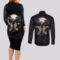 Skull Couples Matching Long Sleeve Bodycon Dress and Long Sleeve Button Shirts No See Evil Red Rose Jean - Wonder Print Shop