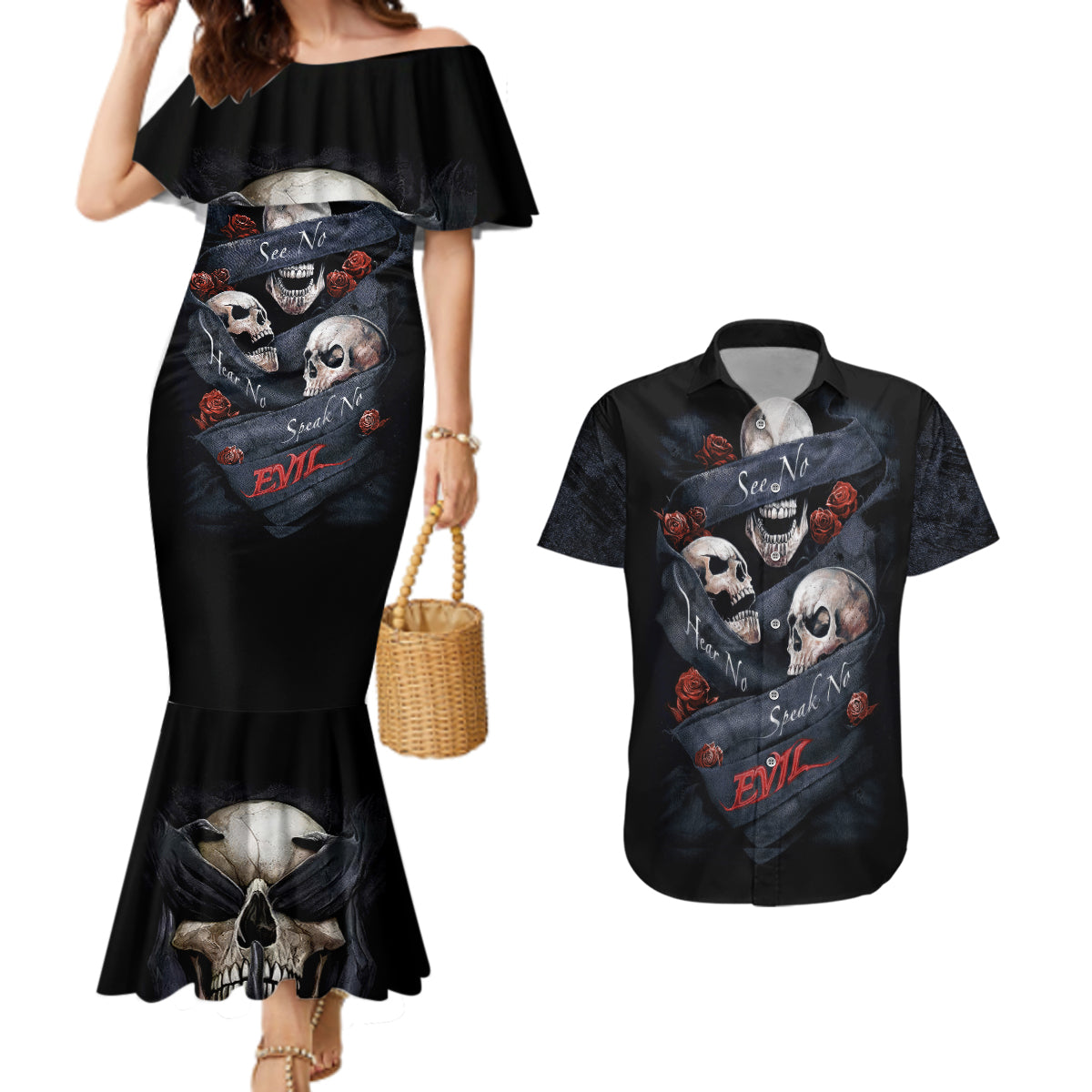 Skull Couples Matching Mermaid Dress And Hawaiian Shirt No See Evil Red Rose Jean - Wonder Print Shop