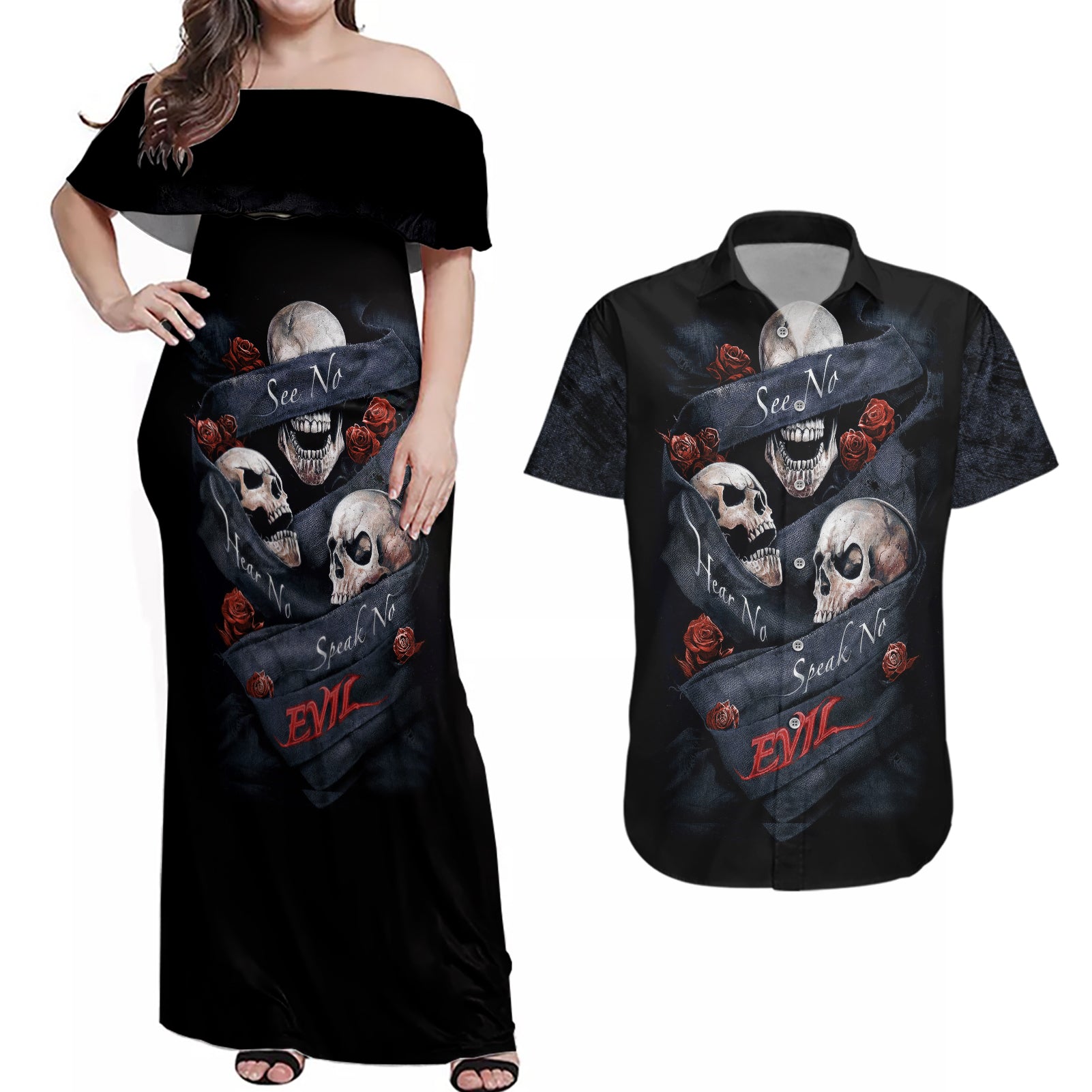 Skull Couples Matching Off Shoulder Maxi Dress and Hawaiian Shirt No See Evil Red Rose Jean - Wonder Print Shop