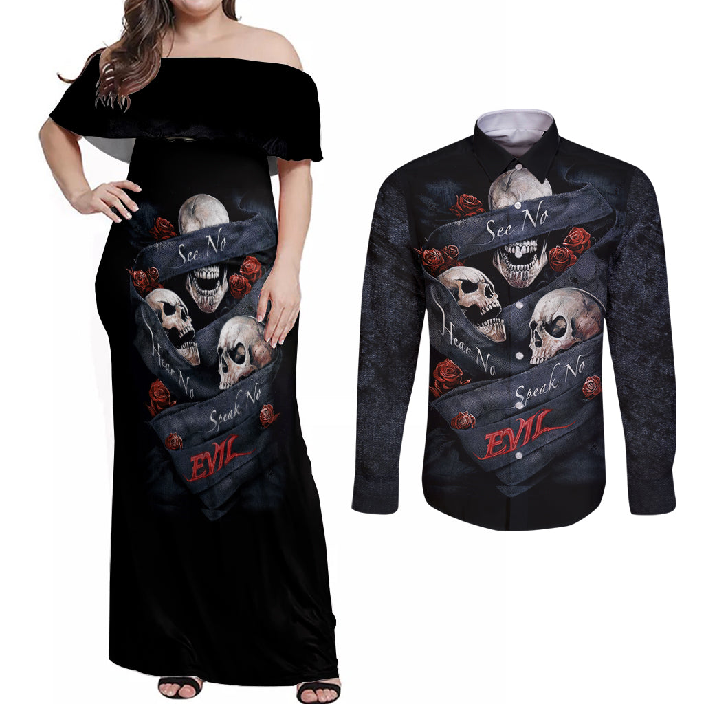 Skull Couples Matching Off Shoulder Maxi Dress and Long Sleeve Button Shirts No See Evil Red Rose Jean - Wonder Print Shop