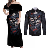 Skull Couples Matching Off Shoulder Maxi Dress and Long Sleeve Button Shirts No See Evil Red Rose Jean - Wonder Print Shop