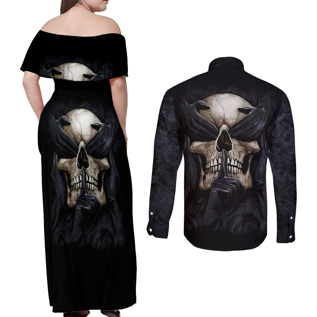 Skull Couples Matching Off Shoulder Maxi Dress and Long Sleeve Button Shirts No See Evil Red Rose Jean - Wonder Print Shop
