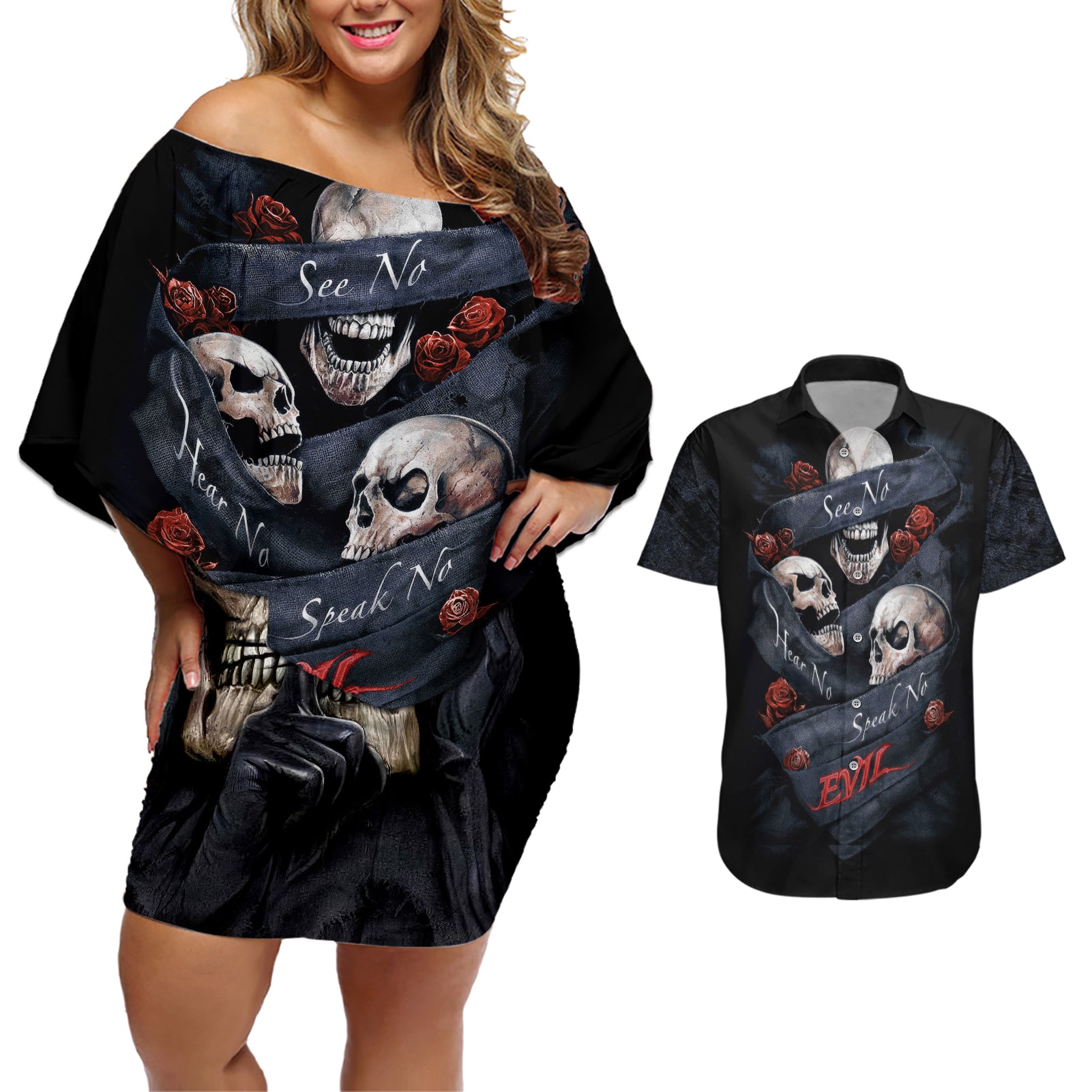 Skull Couples Matching Off Shoulder Short Dress and Hawaiian Shirt No See Evil Red Rose Jean - Wonder Print Shop