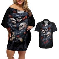 Skull Couples Matching Off Shoulder Short Dress and Hawaiian Shirt No See Evil Red Rose Jean - Wonder Print Shop