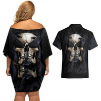Skull Couples Matching Off Shoulder Short Dress and Hawaiian Shirt No See Evil Red Rose Jean - Wonder Print Shop