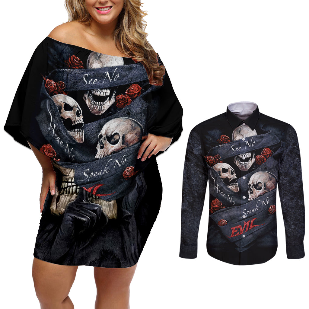 Skull Couples Matching Off Shoulder Short Dress and Long Sleeve Button Shirts No See Evil Red Rose Jean - Wonder Print Shop