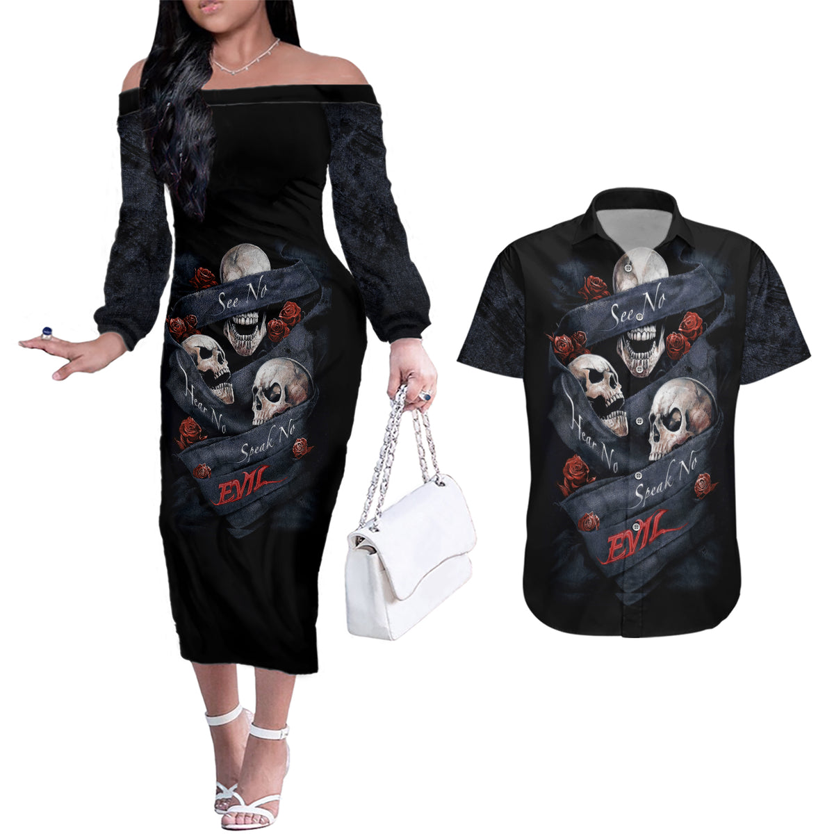 Skull Couples Matching Off The Shoulder Long Sleeve Dress and Hawaiian Shirt No See Evil Red Rose Jean - Wonder Print Shop