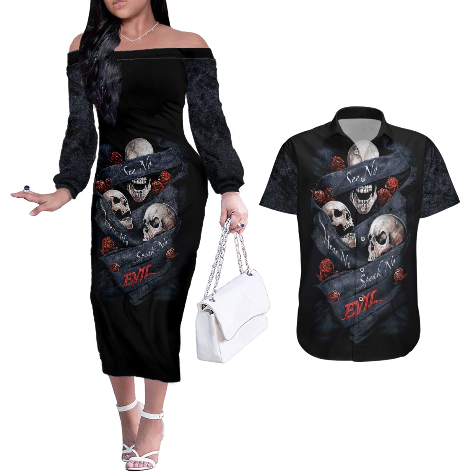Skull Couples Matching Off The Shoulder Long Sleeve Dress and Hawaiian Shirt No See Evil Red Rose Jean - Wonder Print Shop
