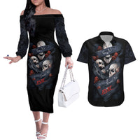 Skull Couples Matching Off The Shoulder Long Sleeve Dress and Hawaiian Shirt No See Evil Red Rose Jean - Wonder Print Shop